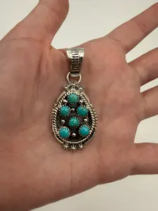 Native Turquoise Tear Drop Cluster Sterling Silver Pendant by Kenny Lonjose