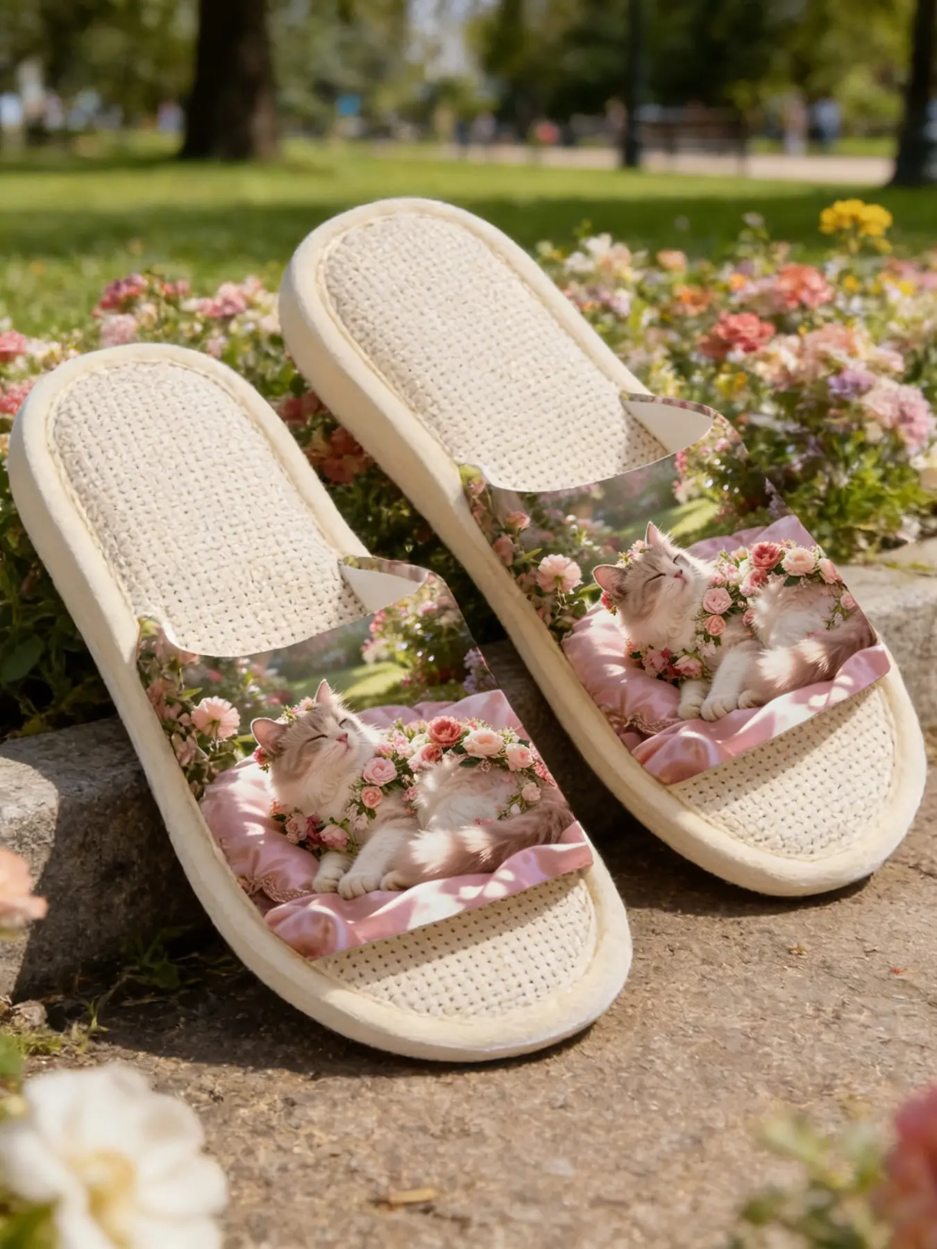 Garden Rose Puppet Cat Home Slippers, Linen Breathable Dry Comfort, Soft Romantic Daily Flat Shoes, Cozy Indoor Footwear
