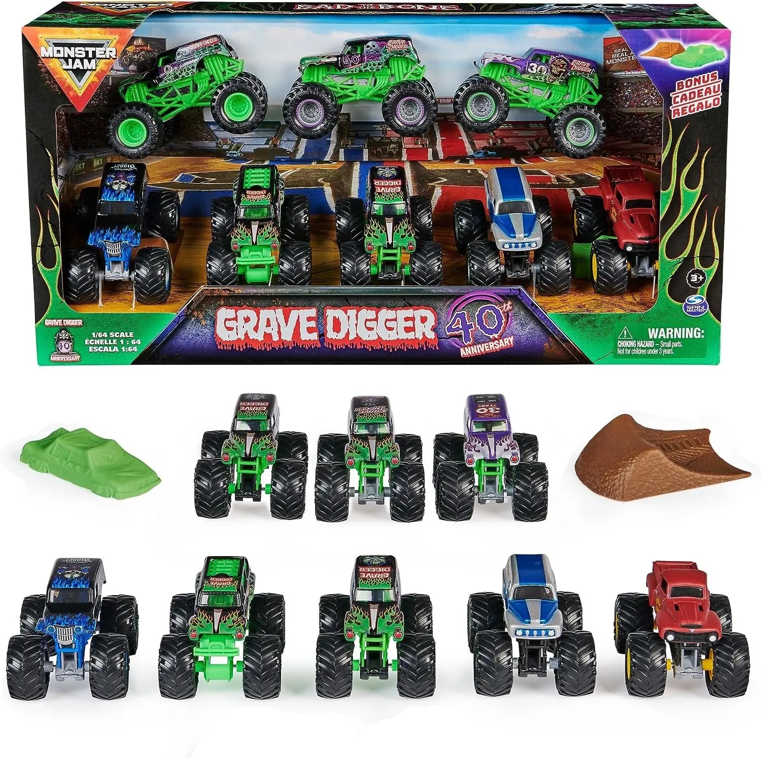 Grave Digger 40th Anniversary 1:64 Scale Die-Cast Metal 8-Pieces Monster Trucks Multi-Era Mix Set with Ramp & Crushed Car [2023] (Model Cars Collectible)