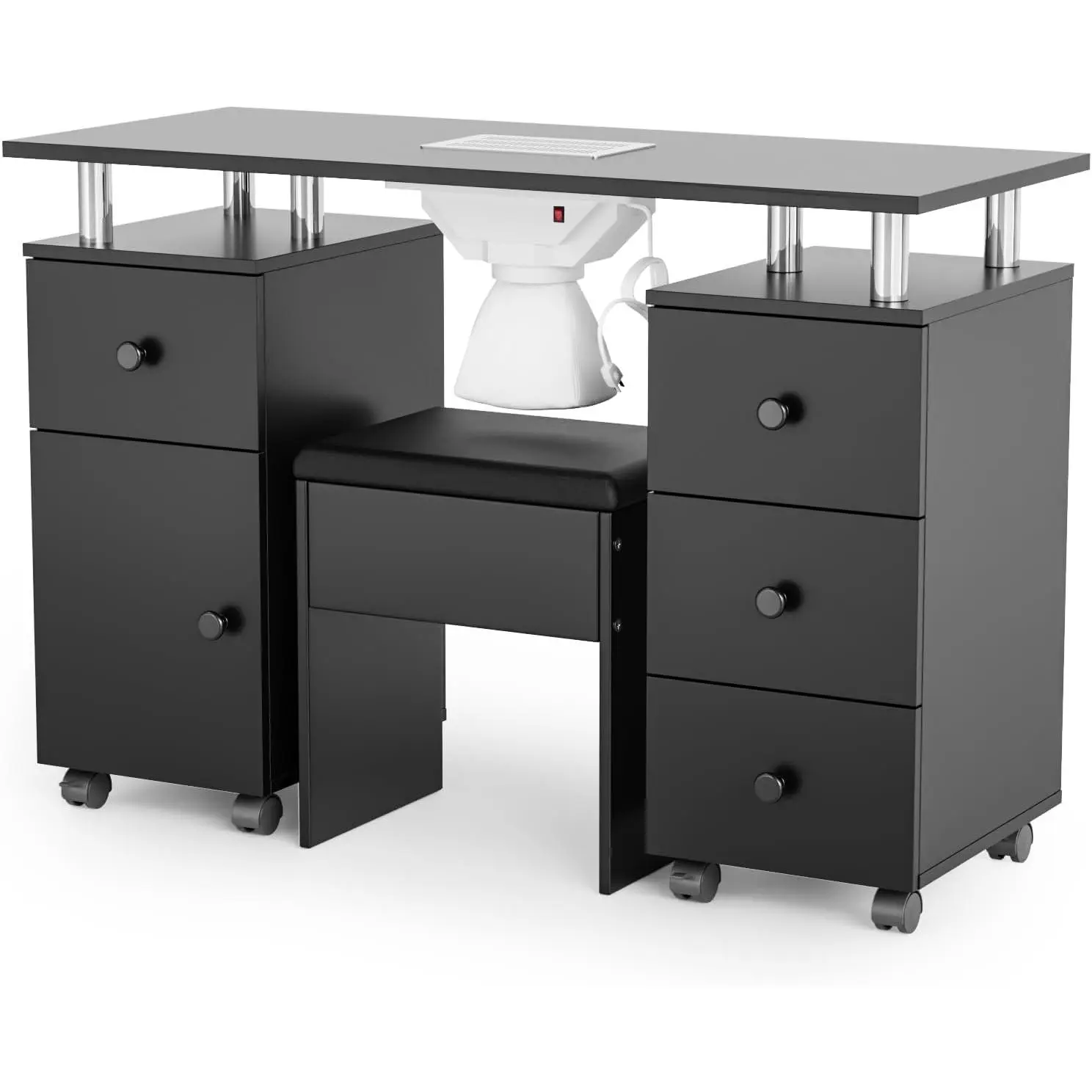 OmySalon Nail Desk and Chair Set - Rolling Manicure Table, Nail Tech Table with Dust Collector, Arm Rest, 8-Wheel Base, Acetone-Resistant Desktop, Drawers, Cabinet Storage for Moveable Makeup Vanities