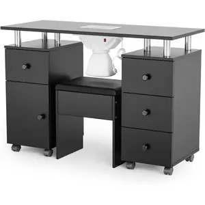 OmySalon Nail Desk and Chair Set, Manicure Table with Dust Collector, Arm Rest, 8 Wheels, Acetone Resistant Desktop, Drawers & Cabinet Storage for Makeup Beauty Salon