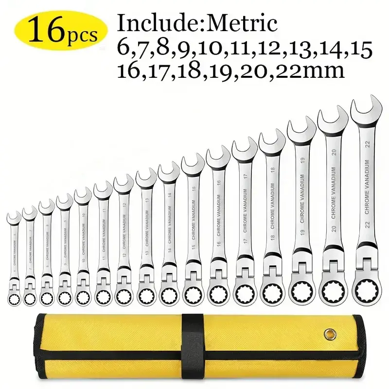 16pcs Heavy-Duty Cr-V Steel Adjustable Head Wrench Set 6-26mm 72-Tooth Ratchet Double-Ended Socket Kit with Rolling Case Metric Imperial Compatible for Home Auto Mechanical Ideal Gift for Mechanics