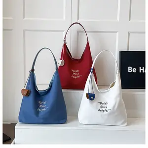 Casual Canvas Hobo Tote Bag, Large Capacity Shoulder Bag with Letter Print, Minimalist Tote Purse with Small Pouch, Everyday Handbag for Work & Travel          emoji