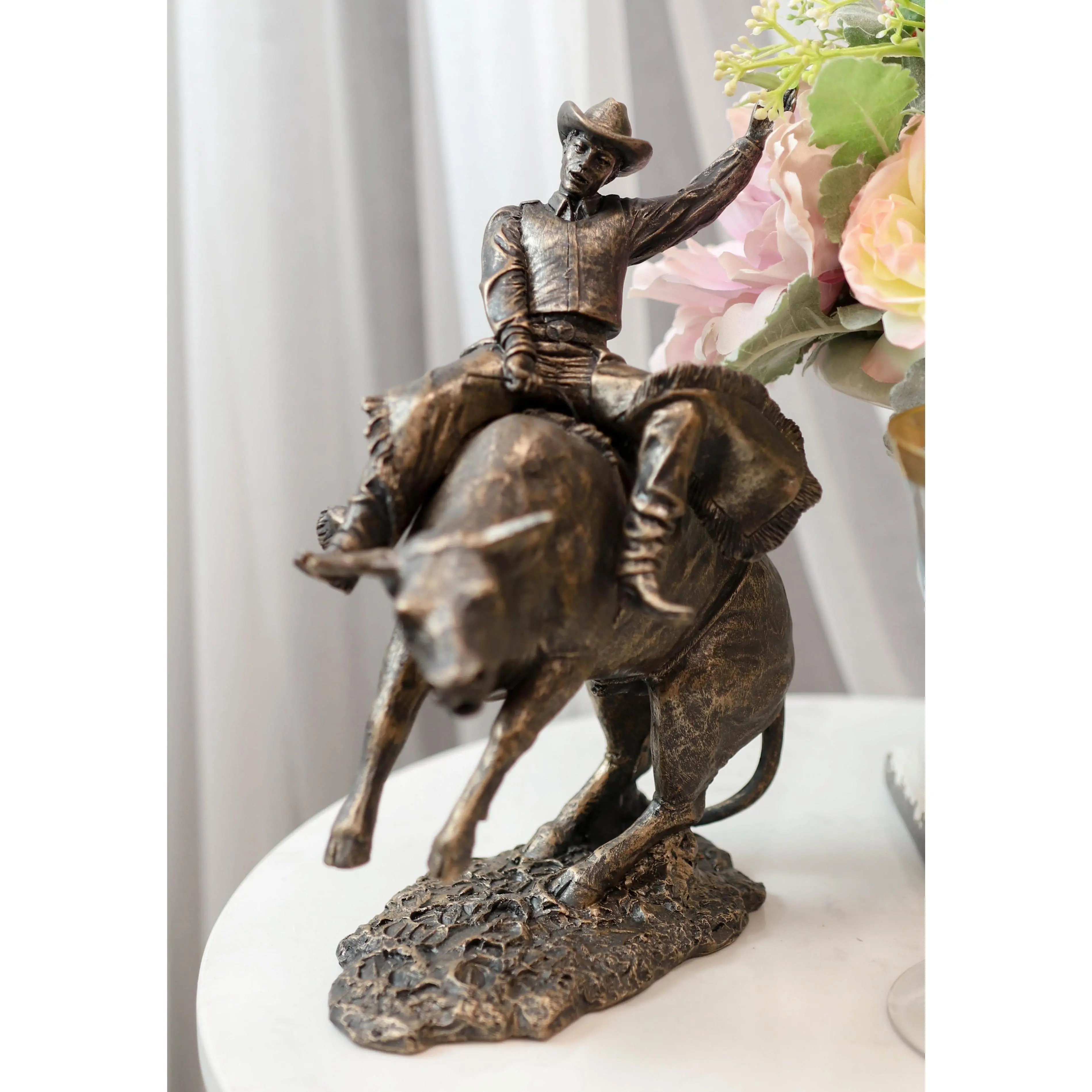 Old World Rustic Western Bronze-Resin Cowboy Riding Rearing Angry Bull Rodeo Sculpture, 10"H Home Decor Figurine, Ideal Gift for Room Decoration