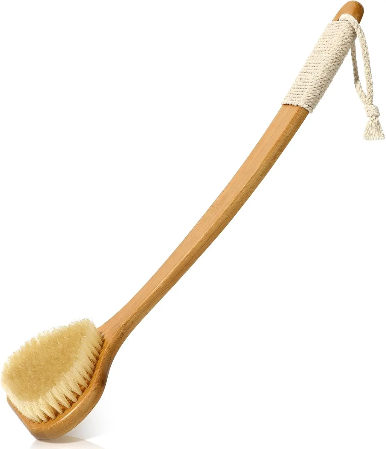 17.3-Inch Bamboo Back Scrubber with Curved Long Anti-Slip Grip Handle, Natural Boar Bristles Exfoliating Brush That Exfoliates Skin, Suitable for Men/Women, Use Dry or Wet for Shower/Bath
