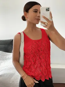 Women's Casual Cream Knitted Sleeveless Vest, Breathable Lightweight Loose Fit with Shell Edge and Geometric Cutout Pattern, Aesthetic, Perfect for Summer/autumn Layering, Tops