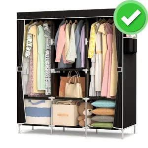 Clothes Organizer 3 Hanging Rod Shelf Portable Closet with Cover Clothes Rack Standing Closet Clothes Storage Wardrobe Garment Cabinet