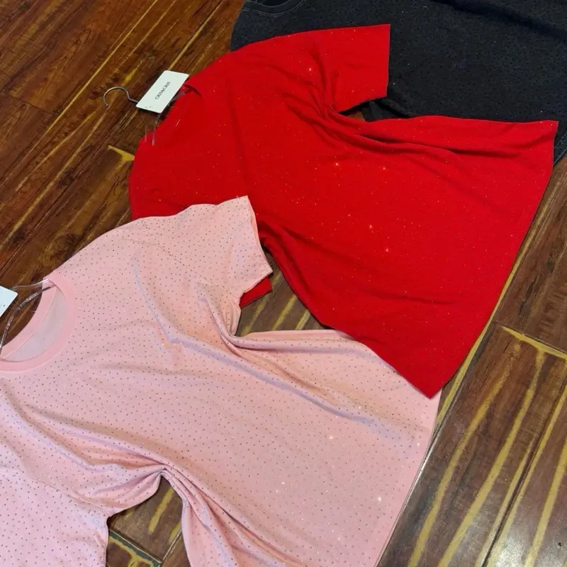 Full Rhinestone T-Shirt - Pink, Red, Black - Casual Summer Tee - Comfortable Basic Design - Tshirt, Minimalist, Streetwear