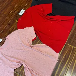 Full Rhinestone T-Shirt - Pink, Red, Black - Casual Summer Tee - Comfortable Basic Design - Tshirt, Minimalist, Streetwear