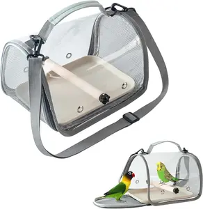 Portable Bird Travel Carrier with Breathable Mesh Windows Hands Free Parrot Backpack for Vet Visit Shopping Hiking, Clear View Small Pet Cage with Easy Clean Removable Tray and Perch