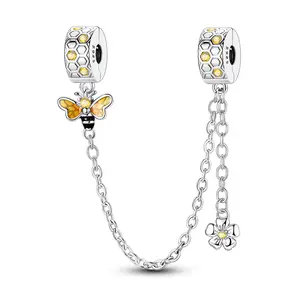 MULA S925 Silver-plated bee honeycomb safety chain clip-on charm, flower and insect design, compatible with Pandora bracelets and necklaces, the first choice for women's birthday and holiday gifts