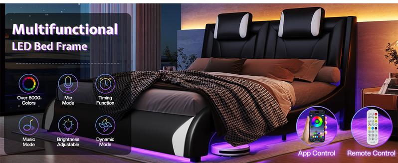 AMERLIFE Bed Frame with LED Lights, Remote&APP Control, Modern Faux Leather Upholstered Platform Bed with Headboard, Wave Like Curve Design, Safety&Comfy, No Box Spring Needed/Luxury Furniture/Full/Queen Size/Best Gift Ideas/Christmas Gifts