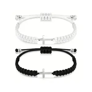 2025 Summer Woven Cross & Drawstring Bracelet Set Adjustable Unisex Stainless Steel Jewelry for Everyday Wear Parties Festivals Beach Travel Perfect Gift 2 pcs