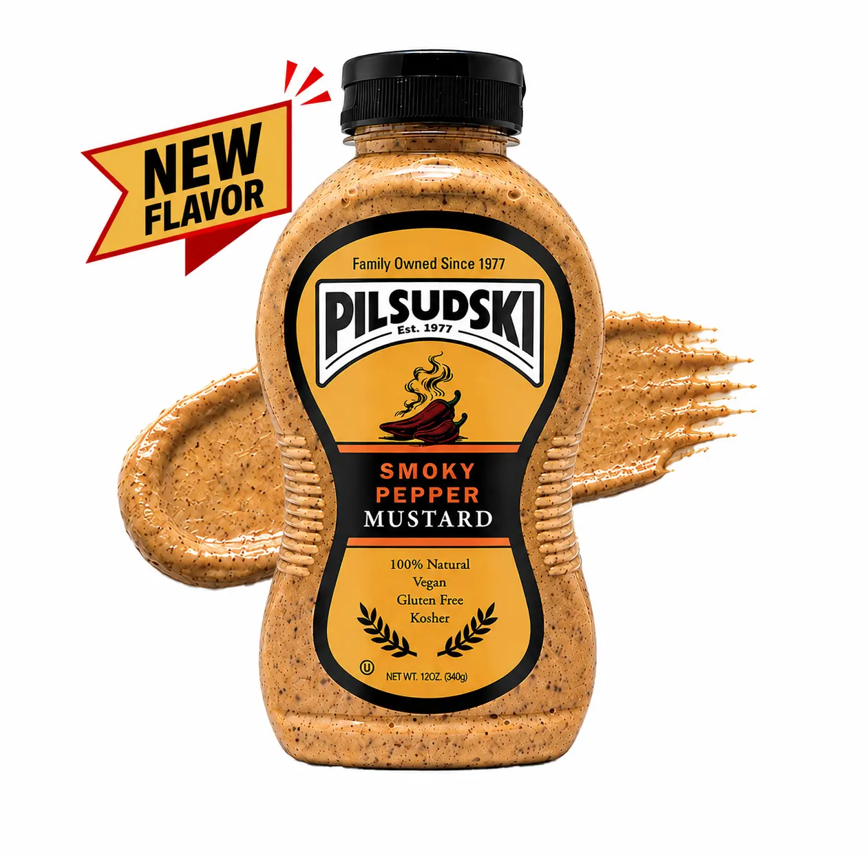 Pilsudski Smoky Pepper Mustard - All Natural Gluten Free Vegan Kosher 12 oz Squeeze Bottle Flavor Enhancer Since 1977