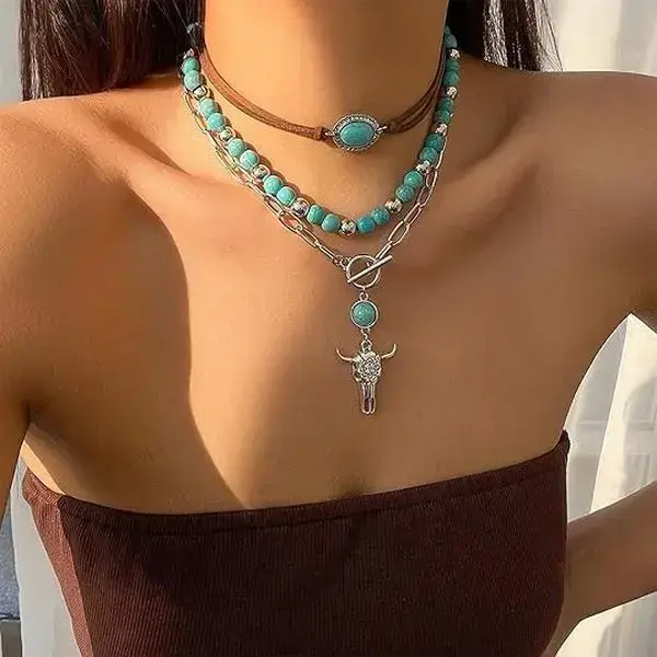 B Western Necklace Turquoise Jewelry for Women Layered Leather Choker Brown Boho Necklace Country Concert Outfits Boho Dresses for Women