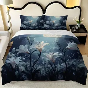 Elegant Moonlight Lily Print Bedding Set, 3 Piece Includes Duvet Cover and Pillowcases, High Definition Seasonal Prints, Home & Dorm Use
