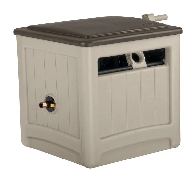 Suncast Resin Weatherproof Wheeled Hideaway Hose Cabinet Organizer - Outdoor Storage Solution for Patio Watering Tasks, 225' Capacity, Beige, Organizing Tool