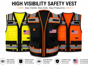 AMERICAN SIZE Superintendent Safety Vest with custom flag logo, High Visibility Reflective Safety, Mesh Safety Vest with Zipper and Multi pockets