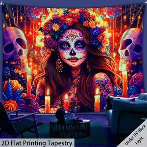 2D Flat, 1pc Extra Large Mexican Day of the Dead Tapestry - UV Glow in Blacklight, Sugar Skull & La Calavera Catrina Wall Hanging - HD Digital Print Poster for Home, Party, or Dia de los Muertos Decor - Wrinkle-Resistant Polyester Fabric - No Electricity
