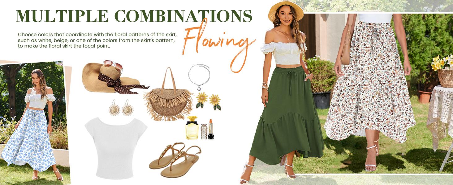 ZEAGOO Long Skirts for Women High Waist A Line Skirt Casual Flowy Tiered Skirt with Pockets Summer Floral Boho Skirt