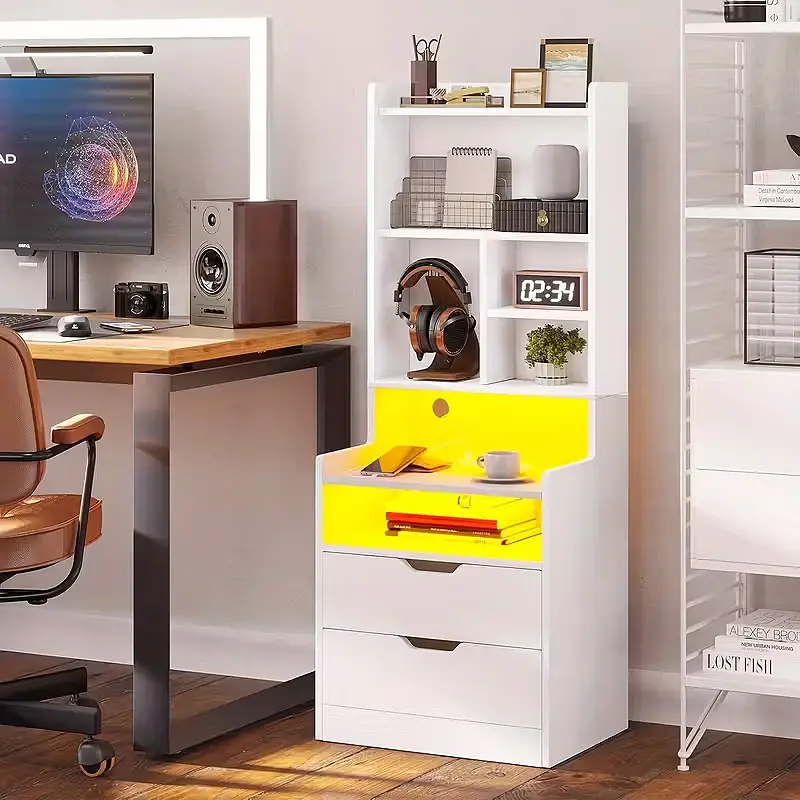 Bookcase, 50 inch white elevated bedside table with charging station and light strip, integrating office, bedside table, and bookshelf, suitable for bedrooms, offices, and living rooms