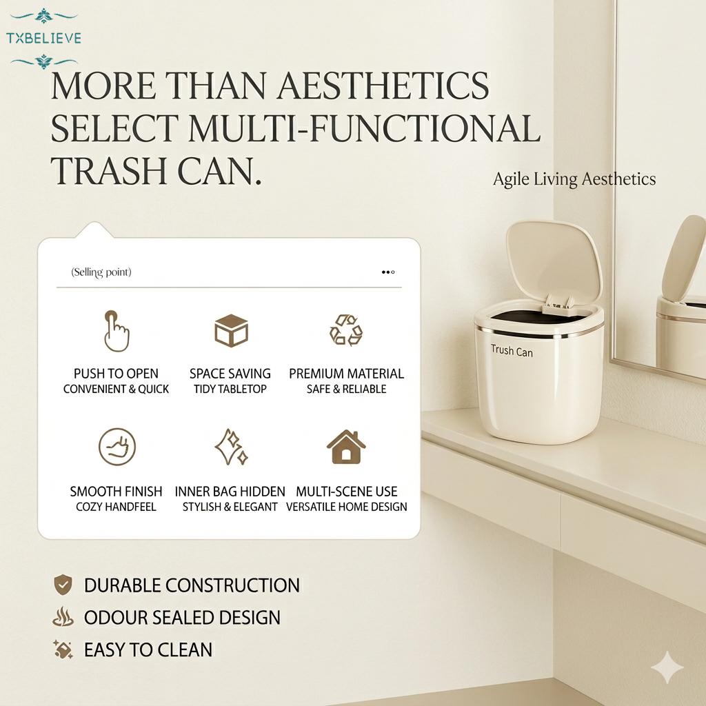 Small Cream/Black Flipping Lid Trash Can for Desk Organization in Dorm and with Space Saving