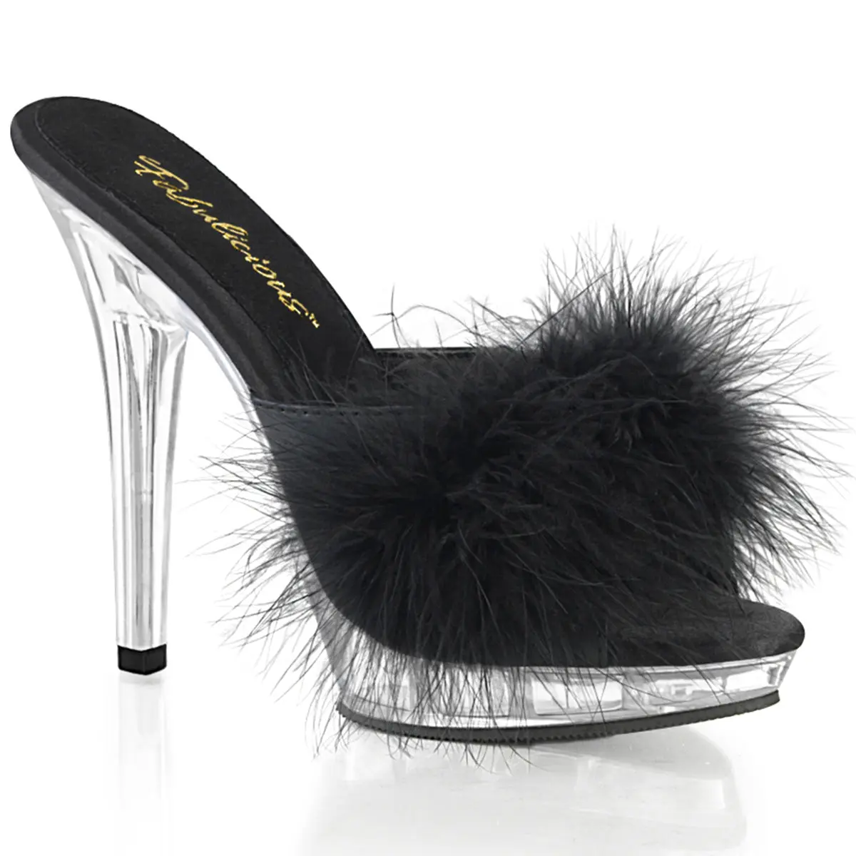 Women's 5" Stiletto Heeled Sandals - LIP-101-8 Black Satin Marabou Fur Strap Slip-On Footwear, Cushioned Lift, Platform Accent, Easy Dressing for Evening Boudoir, Party, Shoes for Women