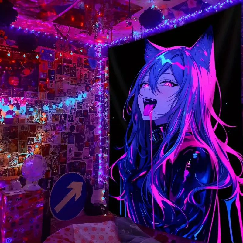 Glow-in-the-Dark Catwoman Tapestry, Velvet-Suede Texture Neon Purple-Blue Anime Goth Art, Cordless Luminous Home Decor with Bedroom Inspo, Indoor Accessory for Bedroom Dorm, Room Decor