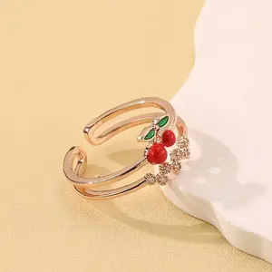 Sweet Cute Cherry Fruit Shape C-Shape Candy Coated Cubic Zirconia Ring, Double-Layer Micro-Pave Adjustable Expanding Band, Versatile Fashion Costume Jewelry, Cubic Zirconia Rings, C-Shape Rings