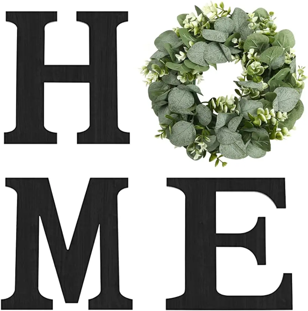Rustic Wooden Hanging Letters Farmhouse Wall Sign with Artificial Eucalyptus Fake Flowers - Garden Decorations, Entryway Welcome Accent, Warm Rustic Wall Accent for Living Room, Housewarming Gift, Black - Home Improvement
