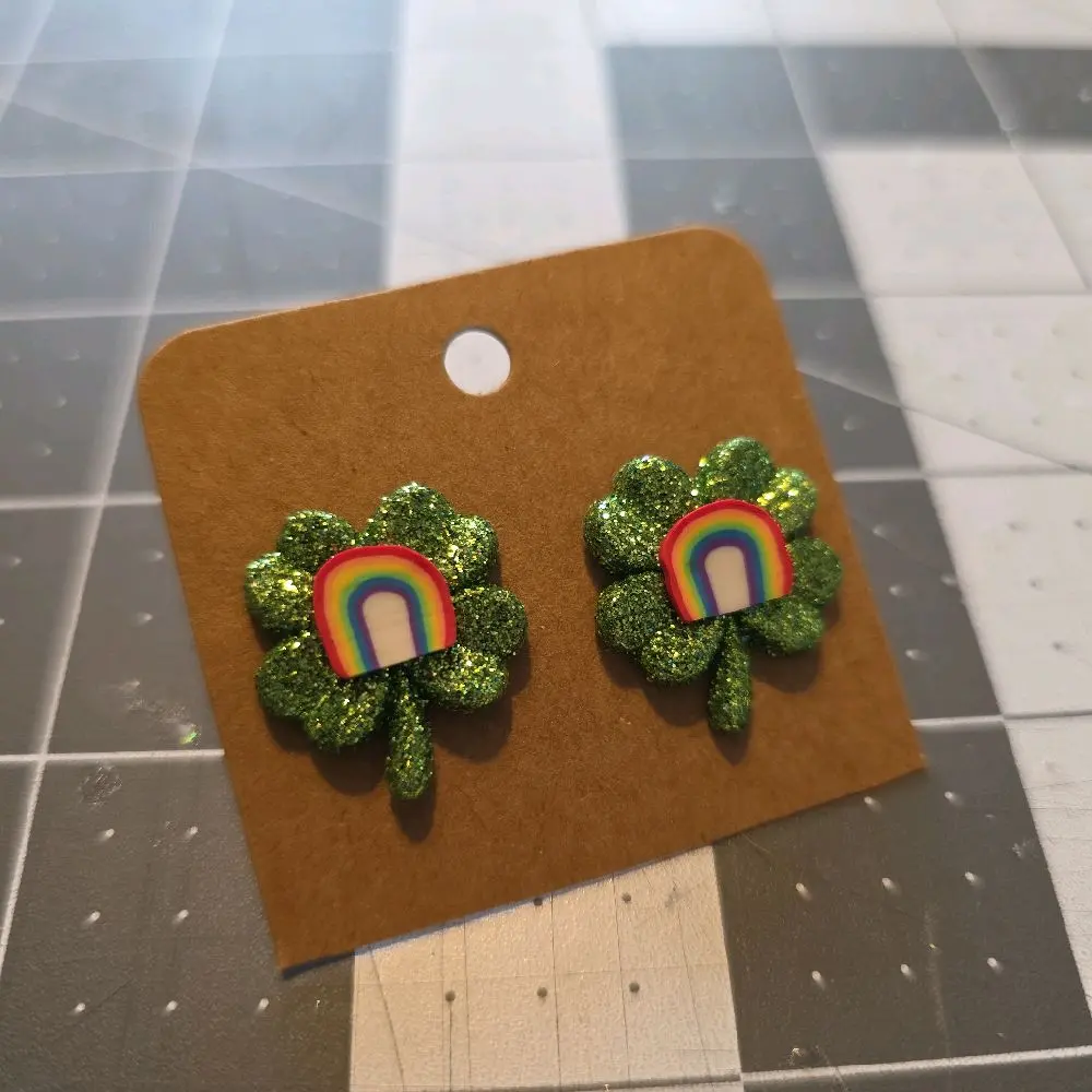 St Patrick's Day Green Glitter Shamrock Earrings with Rainbow Centerpiece for Festive Wear