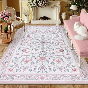1pc Modern Elegant Floral Living Room Carpet, Non-Slip Soft Machine Washable Rug, Luxury Vintage Home Decor Sofa Bedroom Mat, Floral Area Rug