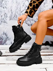 Women's Koi Lace Up Platform Combat Boots, Fashionable Durable Daily Wear, Casual Style Above Ankle Below Knee, Fall & Winter Footwear, Walking Shoes
