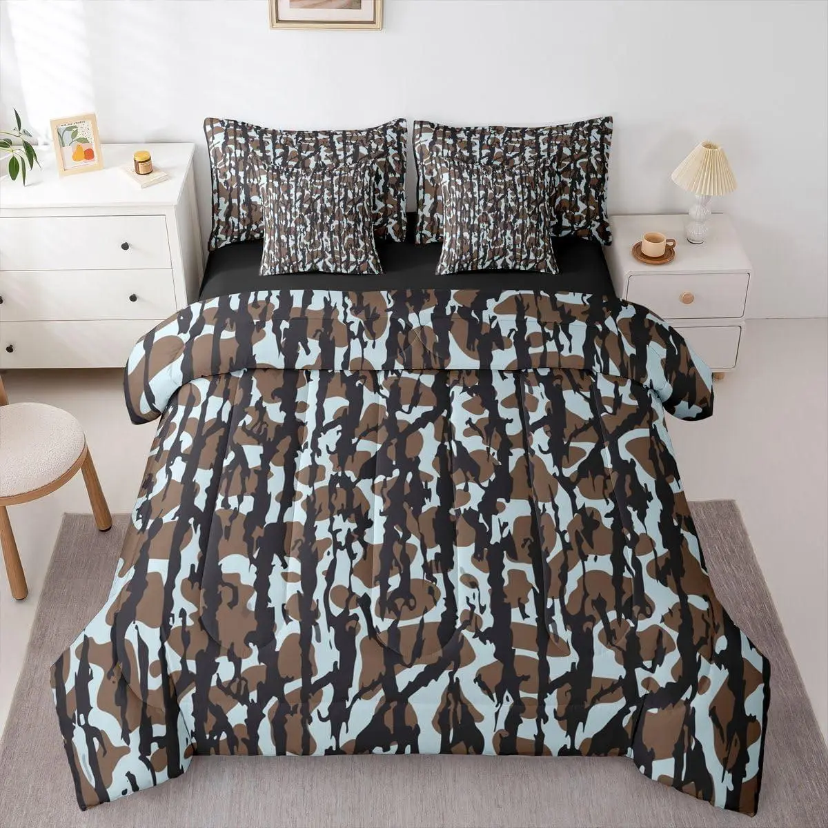 Feelyou 7-Piece Black Camo Bedding Set, Soft Microfiber Army-Themed Bed-in-a-Bag with Fitted Sheet, Pillowcases & Cushion Cover, Breathable Softness for Kids, Room Decor (Fitted Sheet, Army-Themed, Black Camo Bedding Sets Collections)