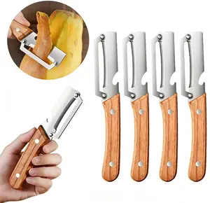 4PCS Wooden-Handled Vegetable & Fruit Peeler - Stainless Steel Blade with Built-In Bottle Opener, Ergonomic Kitchen Tool