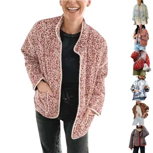 Ommig Women's Cropped Floral Quilted Jacket Cardigan Printed Lightweight Open Front Padded Puffer Coat