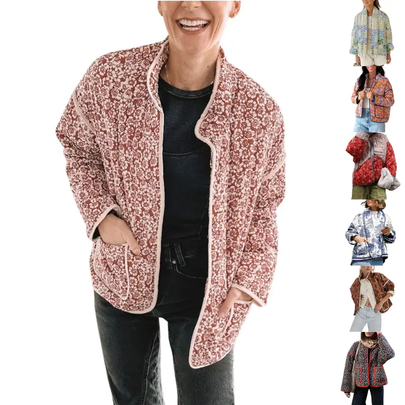 Ommig Women's Preppy Retro Boho Floral All-Over Print Quilted Coat - Lightweight Cropped Puff-Sleeve Open-Front Pull-On Cardigan, Party Wear, XL Size