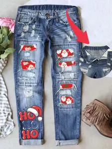 Women's Distressed Boyfriend Jeans, Vintage Wash Christmas Patch Print Denim Jeans, Casual Fitted Natural Waist Button Fly