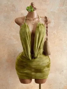 Avocado Velvet Halter Short Dress, Deep V Neck, Bodycon Pleated Design, Stretchy Fabric, Perfect for Parties, High Fashion