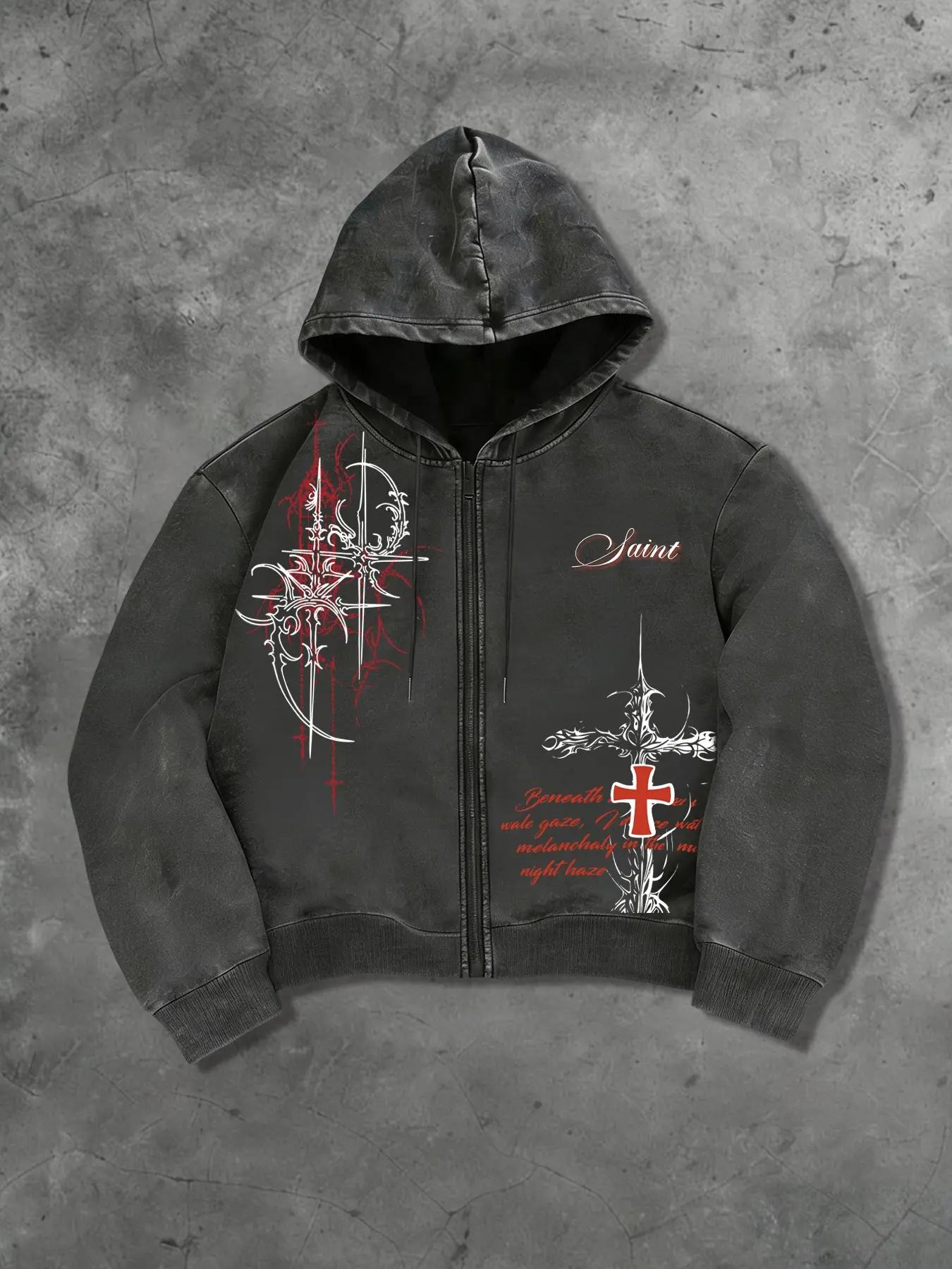 Men's Y2K Dark Aesthetic Saint Thorn Cross Zip Graphic Hoodie