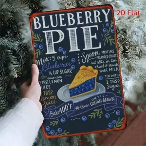 Vintage Style Kitchen Wall Decor Aluminum Tin Art Blueberry Pie Recipe Sign with Baking Instructions 7.8 x 11.8 Inch Home Cooking Decoration
