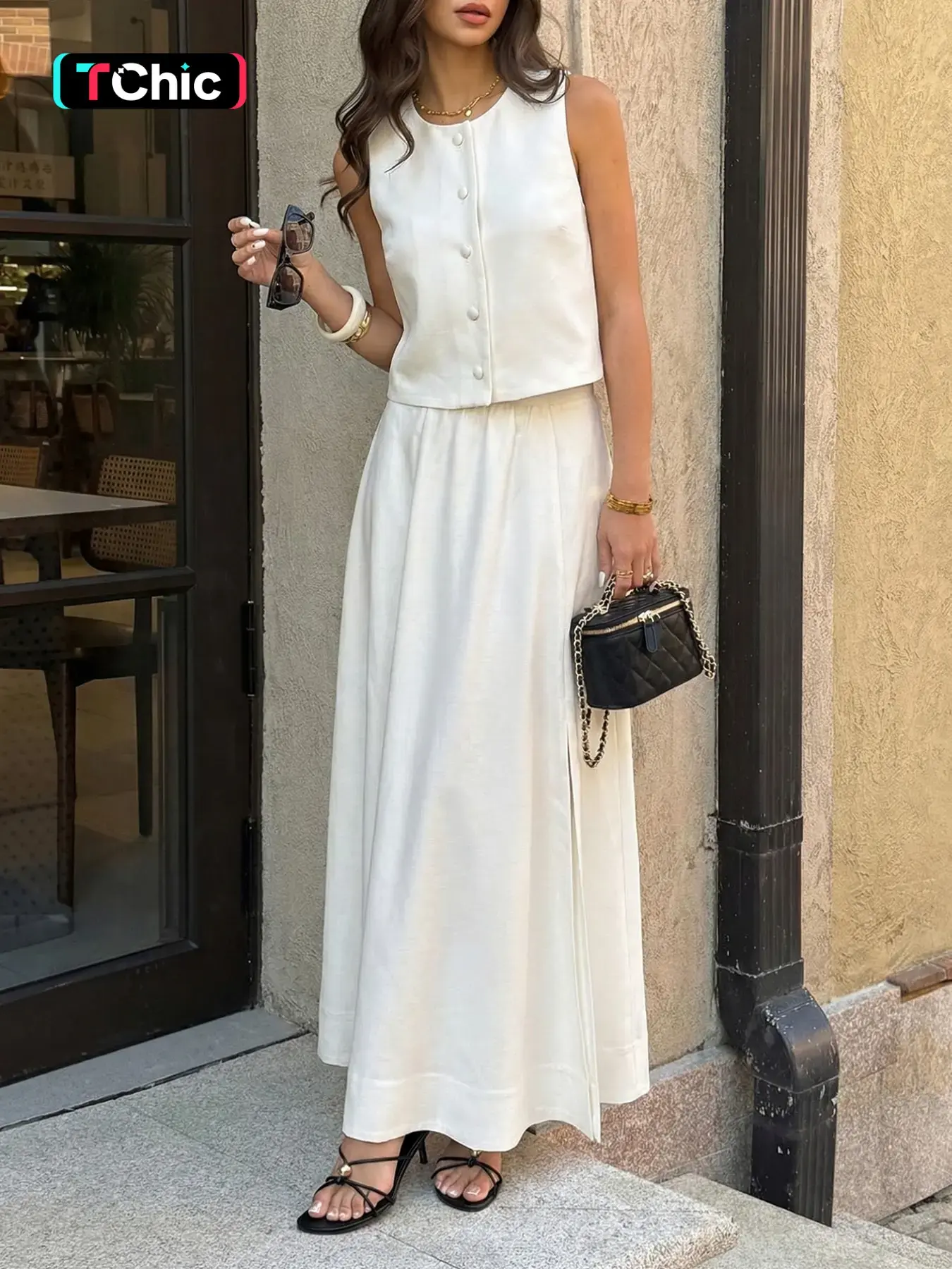 KAYWIDE  Fashion Clothes Plain Elegant Simple Sleeveless Camisole Crop Button Top with Side Split Skirt Set, Casual Style, Natural Waist, Fitted Fit, Long Pants