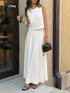 KAYWIDE  Fashion Plain Elegant Simple Sleeveless Camisole Crop Button Top with Side Split Skirt Set, Casual Style, Natural Waist, Fitted Fit, Long Pants