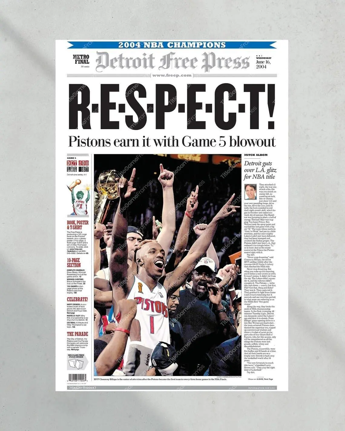 2004 Detroit Pistons NBA Champions Respect Unframed Poster - Vintage Basketball Newspaper Cover Print - Bad Boys Style Retro Sports Wall Art - Detroit Fan Cave Decor