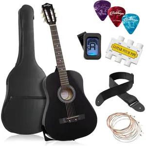 38-inch Beginner Acoustic Guitar (Black), Starter Kit with Gig Bag, Extra Strings, Strap, Picks, and Lessons
