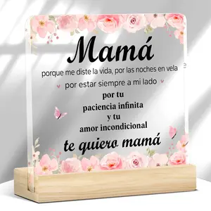 Vintage Acrylic Plaque for Mother's Day, Wooden Base, Spanish Message, Floral Design, Desk Decoration, Gift for Mom, Birthday, Anniversary, Novelty Desk Decor, Acrylic Desktop Decoration