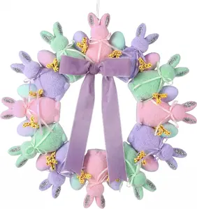 Flocked Easter Bunny Wreath with Eggs & Bow, 13" Spring Door Hanger Decor Cute Easter Wreath Vibrant Colors Easy Hang Spring Wreath for Front Door Porch Wall Window Fireplace Mantel, Easter Decor Farmhouse Home Decor Indoor Outdoor Party Supplies & Gifts