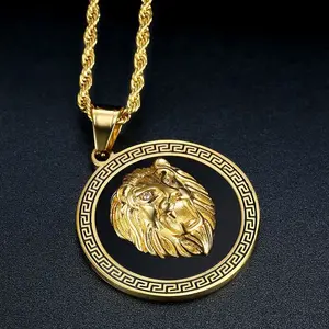 Stainless Steel Gold Plated Circular Champion Necklace For Men Inlaid Zircon Lion Pendant Necklace Gold Plated Jewelry