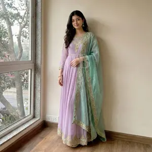 Pakistani Long Dress 3PC Ready to Wear Chiffon Frock Net Dupatta & Trouser Set for Elegant Feminine Silhouette