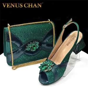 Women’s Green Peep-Toe Heels – Diamond Accent Pumps with Italian Party Shoes & Bag Set